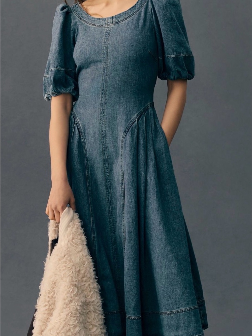 Pilcro Denim Puff-Sleeve Midi Dress - Blue